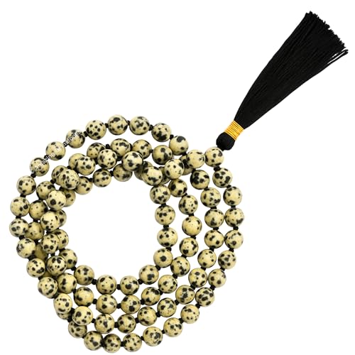 Amazing Gemstone Japa Mala 108 Prayer Beads Necklace and Wrist Mala Bracelet for Meditation - color: Dalmatian Jasper, size: Hand Knotted