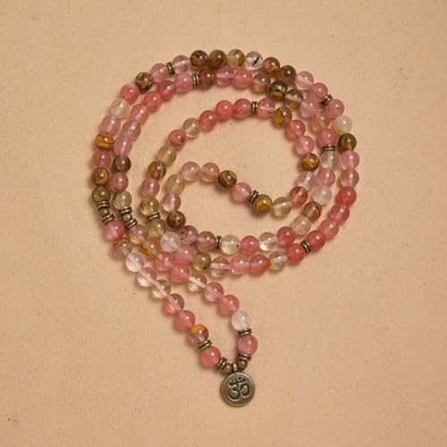 108 Natural Stone Mala Beads Yoga Jewelry Meditation Bracelet Necklace with om Charm - style: Watermelon Tourmaline