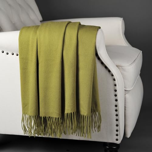 CUDDLE DREAMS Premium Cashmere Throw Blanket with Fringe, Luxuriously Soft (Bamboo Green) - color: Bamboo Green