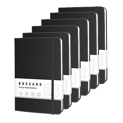 BOSSAND Lined Journal Notebooks, 6 Pack A5 Journals for Writing, 200 Pages 100 GSM Thick College Ruled Paper, Hardcover, 8.25 inches x 5.75 inches, Black - color: Black