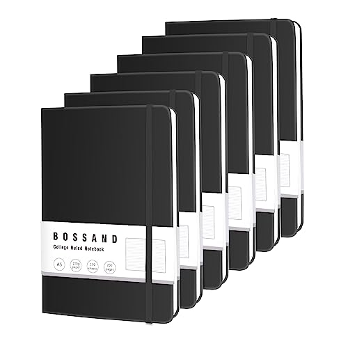 BOSSAND Lined Journal Notebooks, 6 Pack A5 Journals for Writing, 200 Pages 100 GSM Thick College Ruled Paper, Hardcover, 8.25 inches x 5.75 inches, Black - color: Black