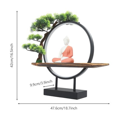 Buddha Statue with LED Circle Table Lamp Artificial Plants Fake Bonsai Tree Buddha Ceramic Statue Indoor Meditation Decoration for Home and Office,18.7 * 3.9 * 16.5in (Buddha-3)