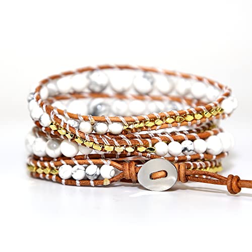 Boho Wrap Bead Bracelet for Women - Handmade Adjustable Natural Stone Beaded Bracelets Yoga Healing Bracelet Bangle Hippie Jewelry - color: White Turquoise #2