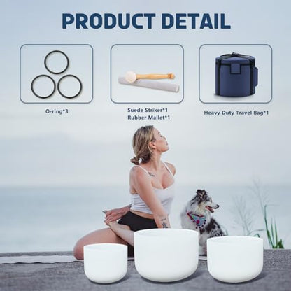 440HZ Sound Healing 8''-12'' Set of 3 Crystal Singing Bowls, Frosted Chakra Quartz Crystal Sound Bowl 8'' A Third-Eye, 10'' F Heart, 12'' C Root With Carry Bags and Mallet
