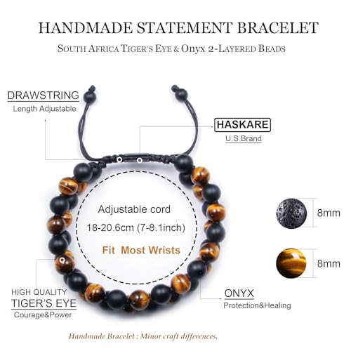 Premium Tiger Eye Bracelet Gift for Men, HASKARE Energy Protection Crystal Real Tigers Eye Black Onyx Beads Bracelets, Handmade Crystal Bracelet Men Bracelets Father Christmas Gift for Him Stress Relief