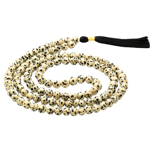 Amazing Gemstone Japa Mala 108 Prayer Beads Necklace and Wrist Mala Bracelet for Meditation - color: Dalmatian Jasper, size: Without Knots