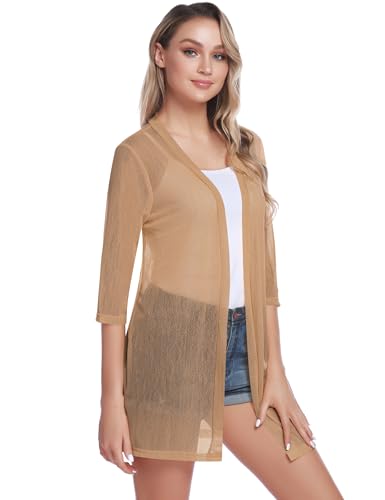 iClosam Women Casual 3/4 Sleeve Sheer Open Front Cardigan Sweater Kimono - color: Khaki, size: Small