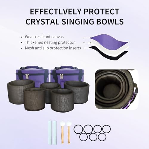 KVKA 6-12 Inch 440hz Crystal Singing Bowls Set of 7pcs White with Carrying Cases, Meditation,Yoga