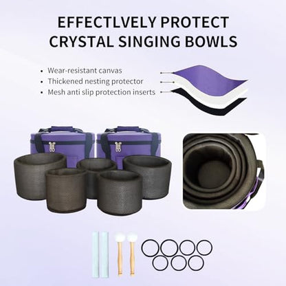 KVKA 6-12 Inch 440hz Crystal Singing Bowls Set of 7pcs White with Carrying Cases, Meditation,Yoga