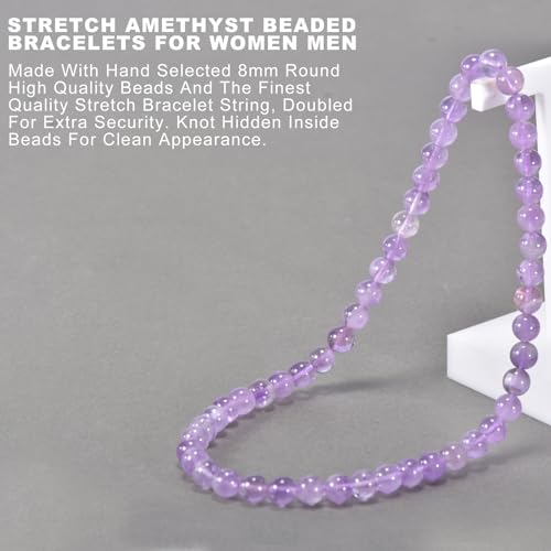 14in Agate Wrap Bracelet for Women Men Natural Round Beaded Agates Stone Healing Stretch Bracelets Elastic Handmade Polished Gemstone Beads Bracelet - color: Amethyst, size: 8mm Beads