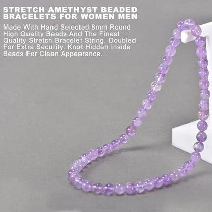 14in Agate Wrap Bracelet for Women Men Natural Round Beaded Agates Stone Healing Stretch Bracelets Elastic Handmade Polished Gemstone Beads Bracelet - color: Amethyst, size: 8mm Beads