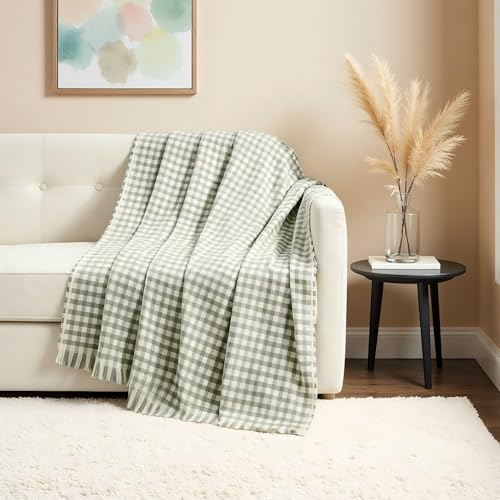 CREVENT Farmhouse Boho Knitted Throw Blanket for Couch Sofa Chair Bed Home Decoration, Soft Warm Cozy Light Weight for Spring Summer Fall (50''X60'' Plaid Green)