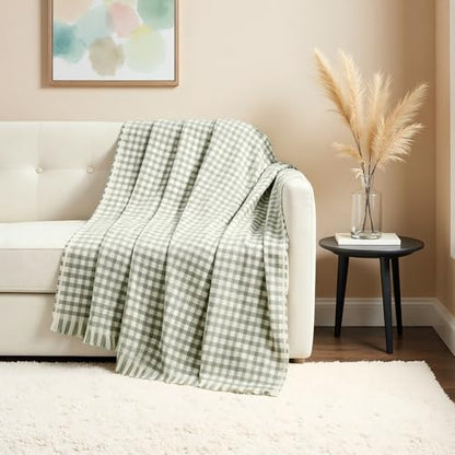 CREVENT Farmhouse Boho Knitted Throw Blanket for Couch Sofa Chair Bed Home Decoration, Soft Warm Cozy Light Weight for Spring Summer Fall (50''X60'' Plaid Green)
