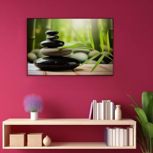 Canvas for Living room. Zen Balance - Stacking Stones and Bamboo Leaves Conjure Serenity and Harmony, 27 x 18 inch Canvas Wall Art - Ready to Hang - 69x46 cm (27x18 inch)