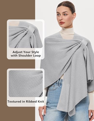 PULI Womens Elegant Cross Front Shawl Wraps Knitted Ponchos Cape Light Weight Poncho Sweater Soft Warm Travel Wraps - color: Rib-light Heather Grey