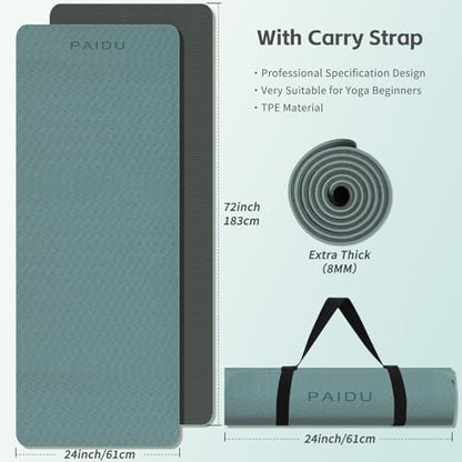PAIDU Yoga Mat 8mm Super Thick TPE Fitness Mat | SGS Certified | Non-Slip, Odorless & Tear-Resistant | Unisex with Strap | for Yoga, Pilates, Meditation & Home Workouts - color: Deepgreen&Gray
