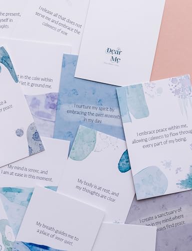 Dear Me Calmness Affirmation Cards – Uniquely Designed Mindfulness Deck with Wooden Stand – Positive Daily Affirmations for Stress Relief, Relaxation – Self Care Gift for Women & Men