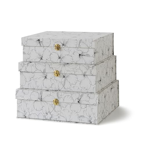 Soul & Lane Black and White Floral Cardboard Decorative Storage Boxes with Gold Hardware - Set of 3, Hibiscus Harmony - Stacking Boxes with Lids for Home Decor and Organizing, Elegant Design - color: Hibiscus Harmony