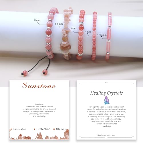 5Pcs Healing Crystal Bracelet for Women Men, Handmade Adjustable Gemstone Bracelets Beaded Reiki Energ Bracelet Set Jewelry Gifts for Women Men - color: Sunstone