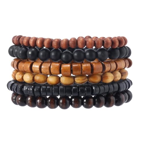 MILAKOO Mens Beaded Bracelets Tribal Wooden Elastic Adjustable Prayer Beads Wrap Cuff for Women - color: F: 6pcs