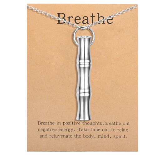 COTATI Anxiety Breathing Necklace Breathe Easy Mindfulness Necklace Stainless Steel Pendant for Women Men Natural Calm & Stress Relief - color: Silver-bamboo