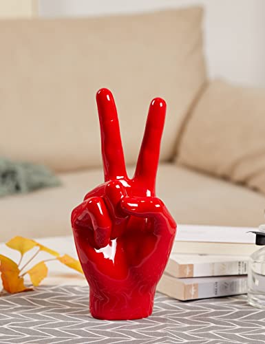 Victory Gesture Hand Statue Sculpture Modern Home Decor Table Centerpiece Art Figurine Gift for Bookshelf Desktop Office Red 11 Inch