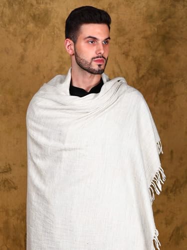 Exotic India Men's Plain Off White Woollen Lohi/Shawl | Traditional Soft Warm Meditation Stole, Scarf, Wrap From Kullu