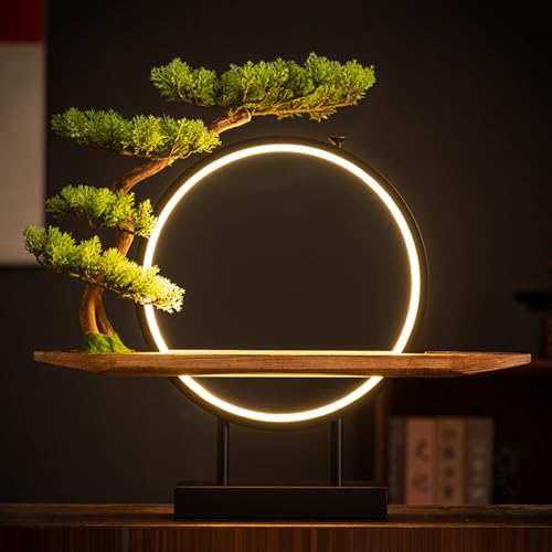 Wooden Buddha Altar Table with Green Artificial Tree and LED Circle Table Lamp, Small Buddha Statue Basem with Spacious Wooden Tray, Tabletop Desktop Zen Decor