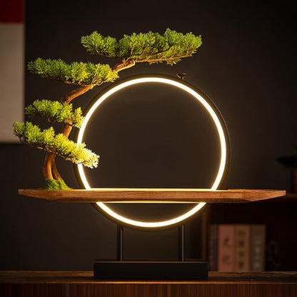 Wooden Buddha Altar Table with Green Artificial Tree and LED Circle Table Lamp, Small Buddha Statue Basem with Spacious Wooden Tray, Tabletop Desktop Zen Decor