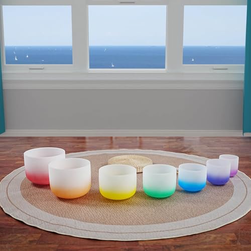 6-12inch 432hz Quartz Crystal Singing Bowls Set of 7 Gradient Design, for Mindfulness Meditation Yoga Sound Baths - color: Gradient Singing Bowls, size: 6-12 inch A-G Note 432hz