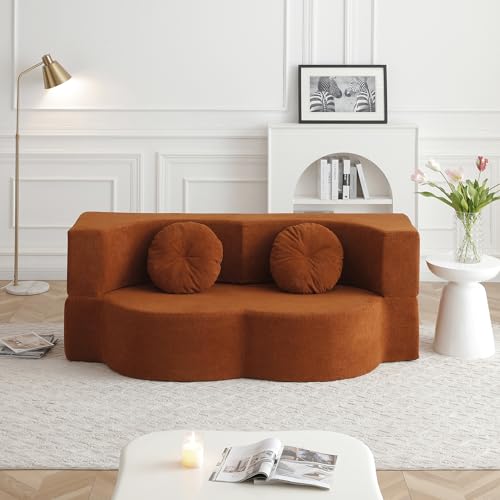 2-in-1 Folding Sofa Bed with Pillow, No Assembly Futon Twin Size Sofa Bed, Breathable Linen-Cotton Convertible Couch Bed for Living Room and Guest Room, 75.5 Inch,Orange - color: Orange-75.55", size: 2 seat