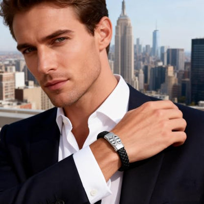 Men's Leather Bracelet, Stackable Stainless Steel Clasp Bracelets for Men Stylish Birthday, Thanksgiving, Valentine's Day Gift for My Man - style: 9" Dollar