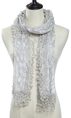 Cindy and Wendy Lightweight Soft Leaf Lace Fringes Scarf Bridal Veils shawl for Women - color: Light Gray