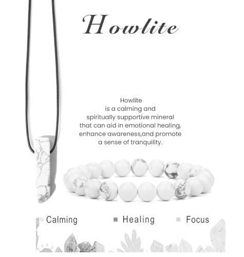 Pingyongchang Stress Relief Anxiety Yoga Bracelets Necklace Set,Healing Crystal Stone Mantra Bracelets for Women Natural Crystal Stone birthday Gifts For Teen Girls Black Leather Necklace for Men - color: Howlite
