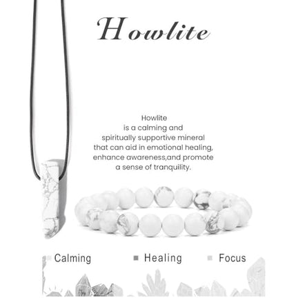 Pingyongchang Stress Relief Anxiety Yoga Bracelets Necklace Set,Healing Crystal Stone Mantra Bracelets for Women Natural Crystal Stone birthday Gifts For Teen Girls Black Leather Necklace for Men - color: Howlite
