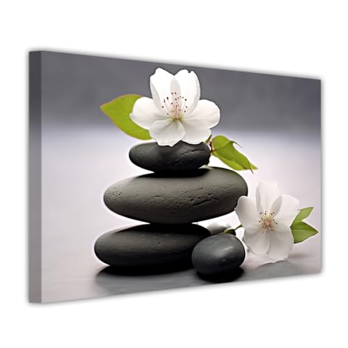 ZHOUWALLPIC Zen Flowers Canvas Wall Art Black Stones and White Lotus Paintings White Water Lily Artwork Picture Prints Home Decor(Zen-3,16.00" x 24.00") - color: Zen-3, size: 16.00" x 24.00"