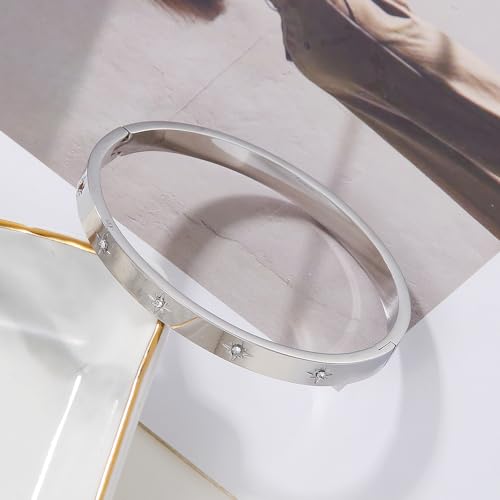 Gold Bangle for Women - 18K Gold Plated Stainless Steel Love Friendship Crystal Bracelets with Cubic Zirconia - color: Snowflake Bangle - SILVER