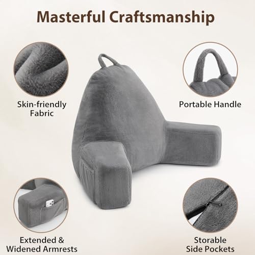 Quilmfoam Reading Pillow for Sitting in Bed Adult – Backrest Pillow with Arms, Back Support Cushion for Reading, TV, Gaming & Working, Includes Pockets and Removable Washable Cover