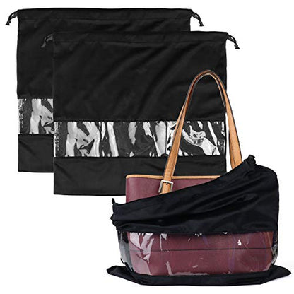 PlasMaller Dust Cover Storage Bags Terylene Flannel Drawstring Pouch with Clear View Window For Handbags Purses Pocketbooks Shoes Boots Set of 2 (21.6 x 19.7 in), Black
