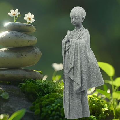 Stone Buddha Statue for Desk, Meditating Monk Statue with Praying Hands, Minimalist Sandstone, Exquisite Asian Zen Decor for Home/Office (5.3 Inch)