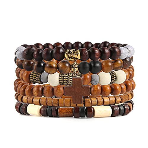 HZMAN Wrap Bracelets Men Women, Hemp Cords Wood Beads Ethnic Tribal Bracelets, Leather Wristbands - style: Skull & Wooden Cross
