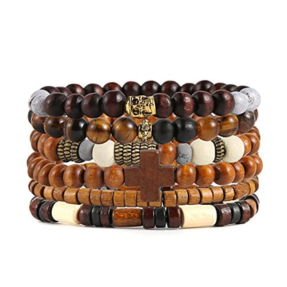 HZMAN Wrap Bracelets Men Women, Hemp Cords Wood Beads Ethnic Tribal Bracelets, Leather Wristbands - style: Skull & Wooden Cross