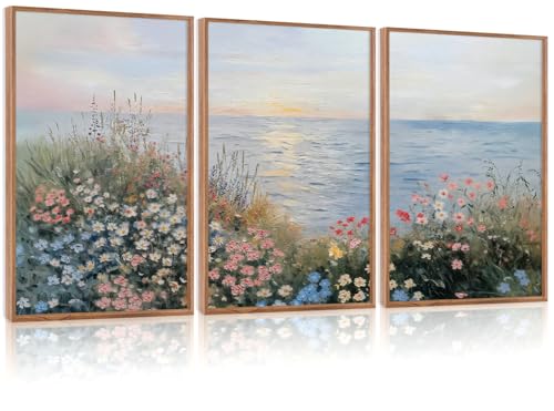 CHDITB Seaside Floral Framed Canvas Wall Art Set, Nature Inspired Ocean View Wall Decor, Sunrise Art Spiritual Wall Painting, Coastal Wildflowers Art Prints for Living Room, Office-Size 16"x24"x3 - color: Floral Sea, size: 16"L x 24"W