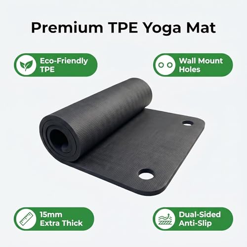 TPE Yoga Mat with Hanging Holes, Wall Mount Workout Mat, Shock Absorbent Fitness Pad for Home Gym, Pilates & Meditation - color: black with holes