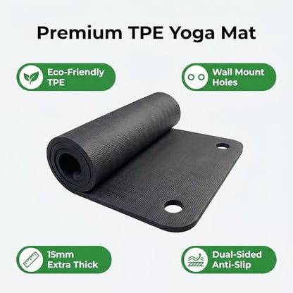 TPE Yoga Mat with Hanging Holes, Wall Mount Workout Mat, Shock Absorbent Fitness Pad for Home Gym, Pilates & Meditation - color: black with holes
