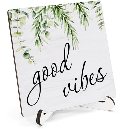 Eucalyptus Bathroom Office Desk Wooden Decor 5"X5", Good Vibes Wooden Table Sign for Home Shelf Office Bathroom, Eucalyptus Decor Desk Table Gifts for Woman Man Friends (5x5 Inch) - color: Eucalyptus Vibes
