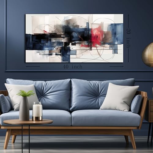 Fuwobriva Abstract Canvas Wall Art for Living Room Bedroom Office Large Wall Art Decor Abstract Wall Art Modern Black Red and Blue Geometry Painting Artwork 20"x40" - size: 20L" x 40W"