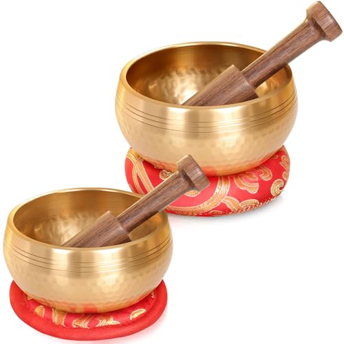 2-Pack Tibetan Singing Bowls Set - 100% Handmade in Nepal, Sound Bowl Meditation Set for Yoga, Chakra Healing, Meditation Gifts, Unique Gifts for Women - color: Red