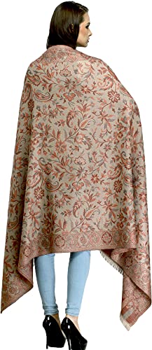 Exotic India Women Reversible Jamawar Wool Shawl with Woven Flowers | Ethnic Beautiful Floral Weave Stole, Dupatta - color: Warm Sand