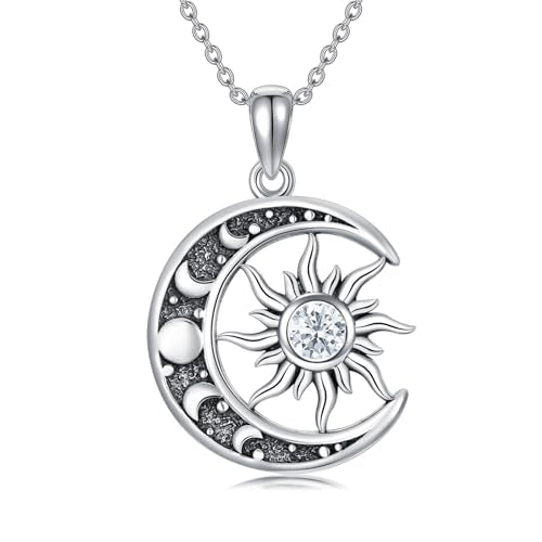Sun and Moon Necklace 925 Sterling Silver Sun Moon Pendant Gemstone Jewelry Gifts for Women - style: April